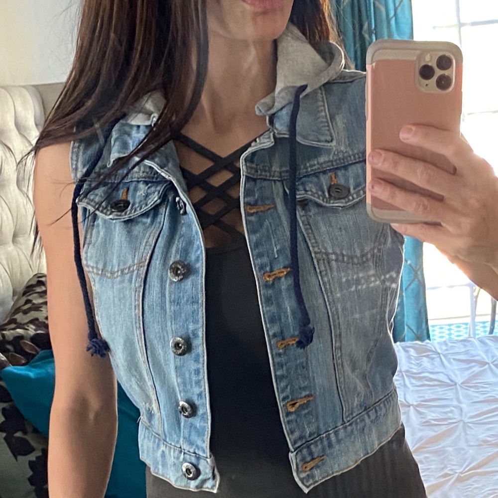 Crop Jean Jacket Vest with hoodie